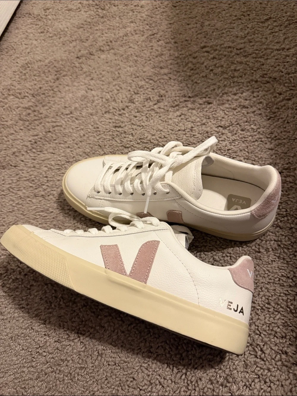 Veja Women's V-10 Sneakers in White with Dusty Pink Accents
